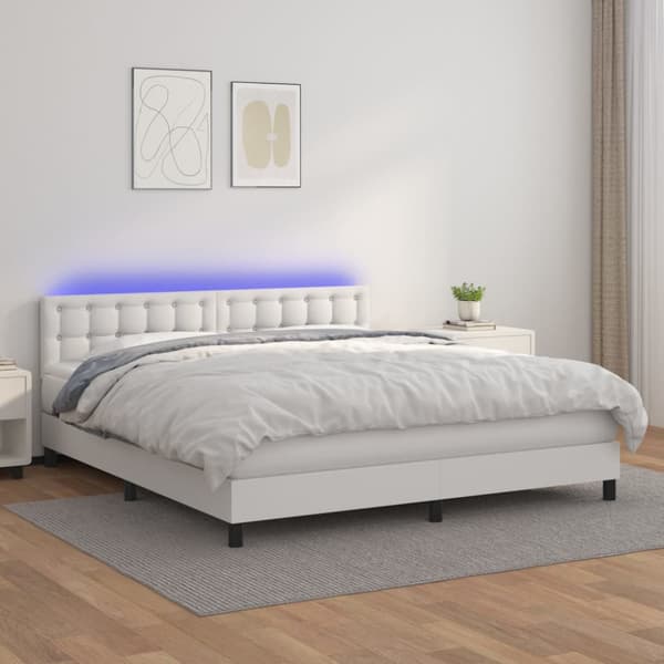 Ramsäng med madrass & LED vit 180x200 cm konstläder