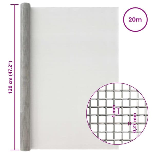 Nätduk 120 x 2000 cm 20 Mesh Rostfritt stål 201 Silver