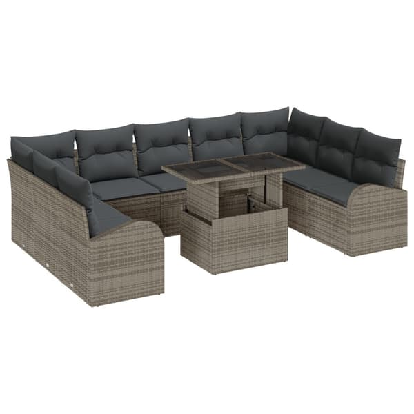 Trädgårdsoffset med kudde med lagring 10 pcs Grå Poly rattan