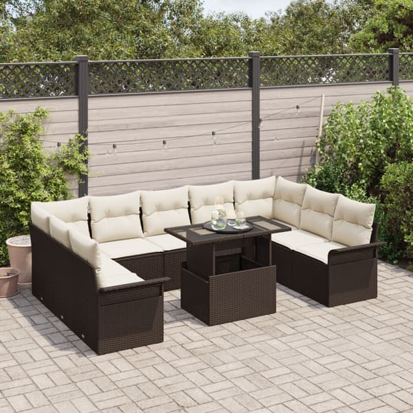 Trädgårdsoffset med kudde 10 pcs Brun Poly rattan