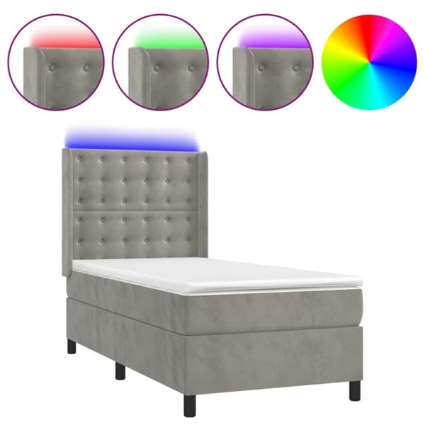 Ramsäng med madrass & LED ljusgrå 90x190 cm sammet