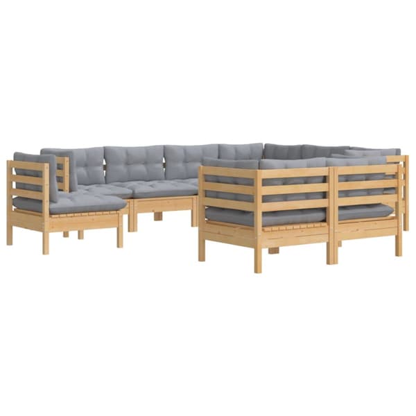 Loungegrupp med grå dynor 9 delar massiv furu
