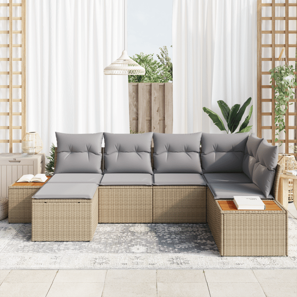 Trädgårdsoffset med kudde 7 pcs Beige och Ljusgrå Polyrattan