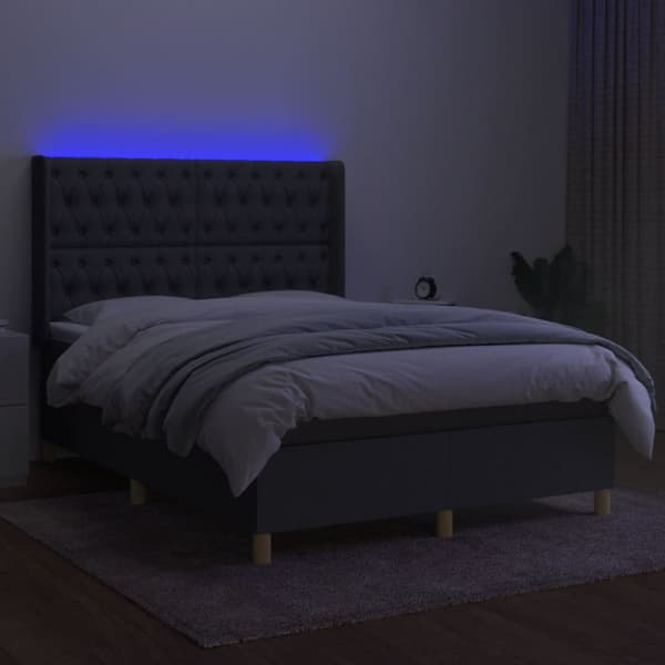 Ramsäng med madrass & LED mörkgrå 140x200 cm tyg