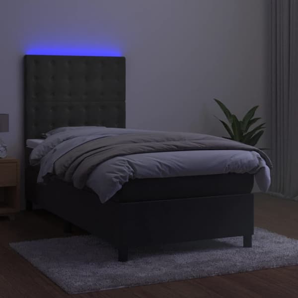 Ramsäng med madrass & LED mörkgrå 90x190 cm sammet