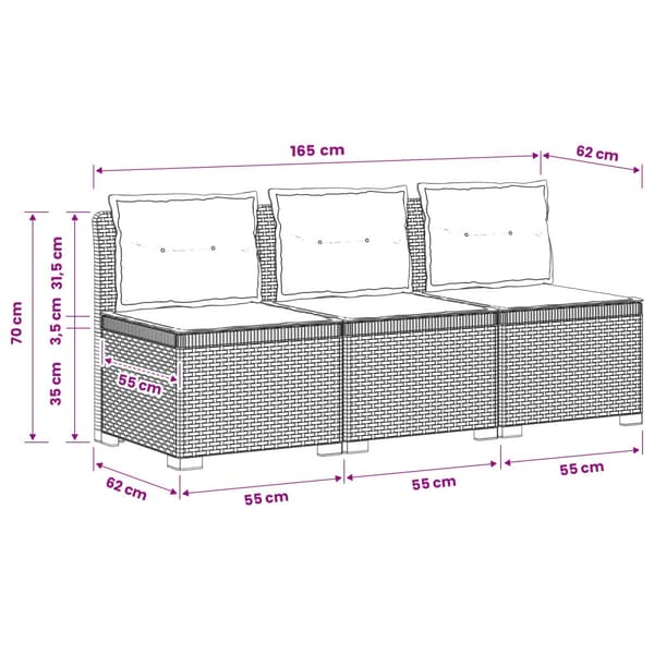 3-sits trädgårdsoffa med kuddar Rattan-look PP Brun