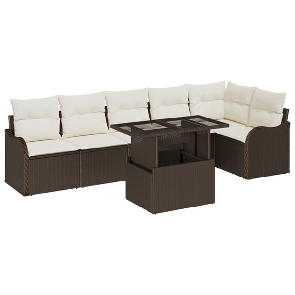 Trädgårdsoffset med kudde med kudde 7 pcs Brun Poly Rattan