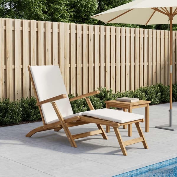 Fällbar Deck Chair med Kudde Vit Massivt teakträ