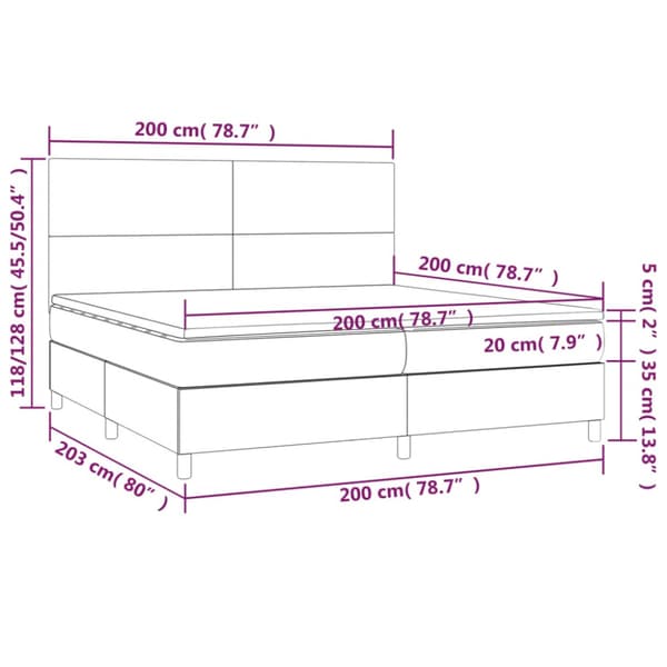 Ramsäng med madrass & LED mörkgrå 200x200 cm sammet