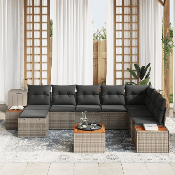 Trädgårdsoffset med kudde med lagring 9 pcs Grå Polyrattan