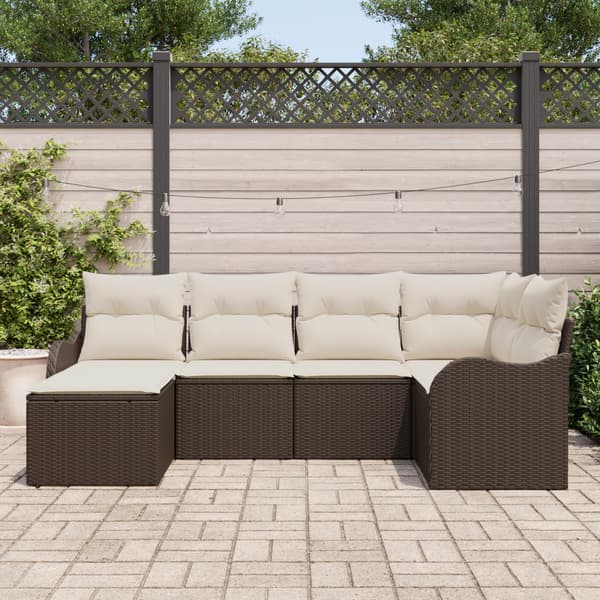Trädgårdsoffset med kudde 6 pcs Brun och vit Poly rattan