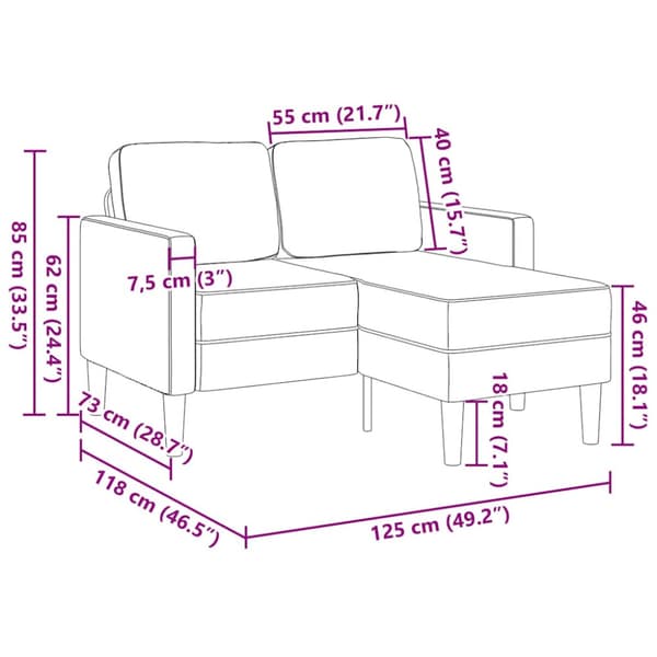 2-sitssoffa med schäslong L-formad grågrön 125 cm linne