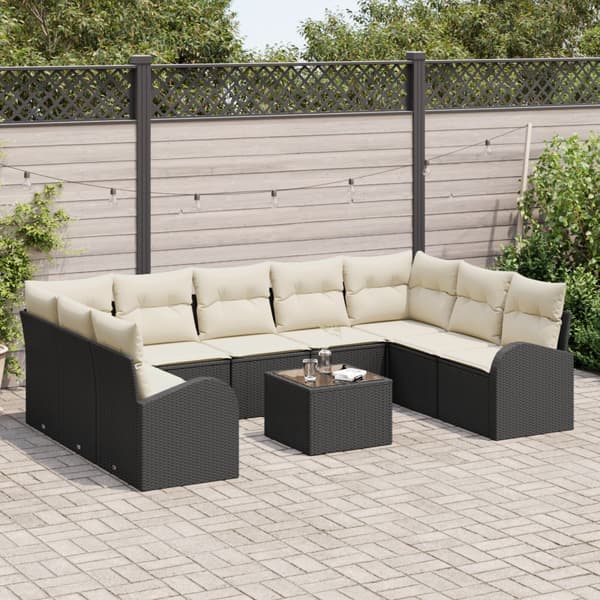 Soffset med kudde 10 pcs Svart Poly Rattan