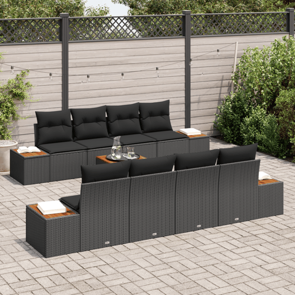 Trädgårdsoffset med kudde 9 pcs Svart Poly rattan