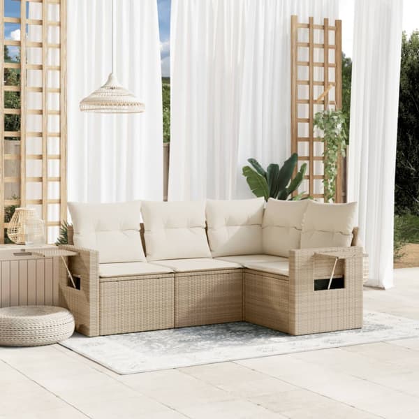 Soffgrupp för trädgård med dynor 4 delar beige konstrotting