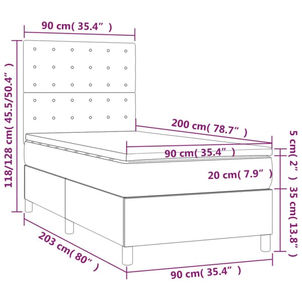 Ramsäng med madrass & LED mörkgrå 90x200 cm sammet