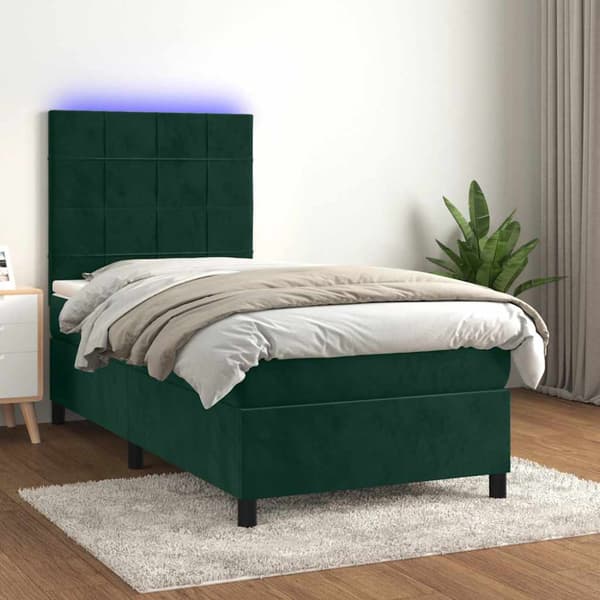 Ramsäng med madrass & LED mörkgrön 90x200 cm sammet