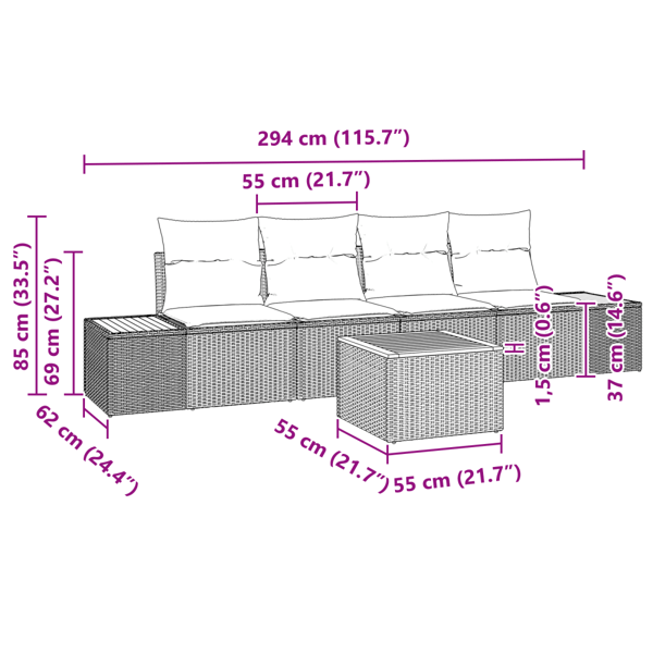 Trädgårdsoffset med kudde med lagring 5 pcs Svart Poly rattan