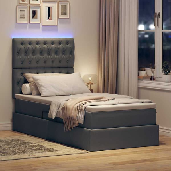 Förvaringssäng med LED med led Mörkgrå 90 x 190 cm Polyester