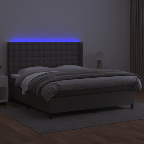 Ramsäng med madrass & LED grå 180x200 cm konstläder
