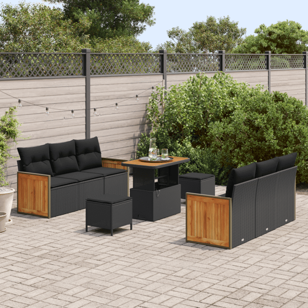 Trädgårdsoffset 9 pcs Svart Poly Rattan och Pulverlackerad Stål