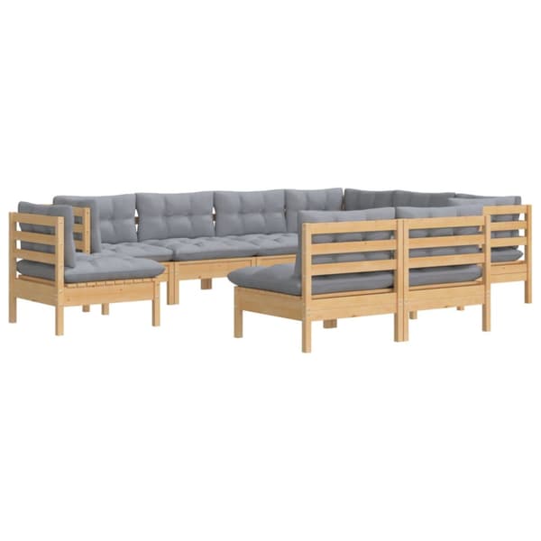 Loungegrupp med grå dynor 9 delar massiv furu