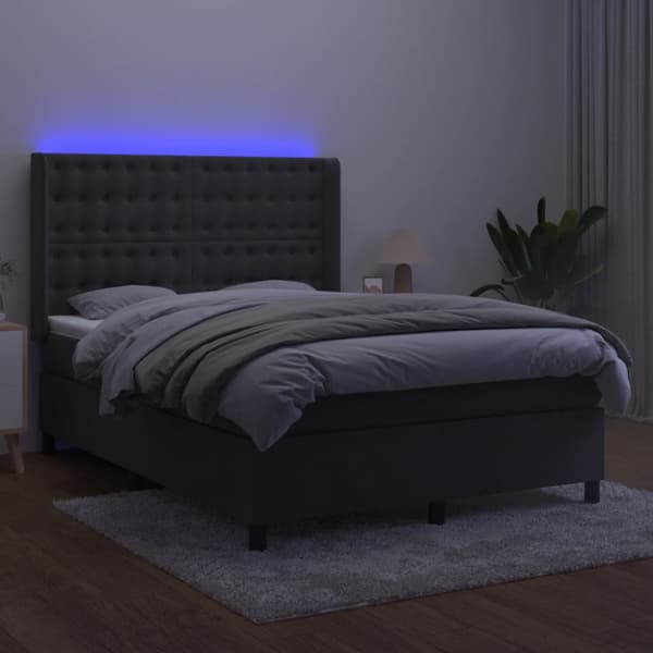 Ramsäng med madrass & LED mörkgrå 140x200 cm sammet
