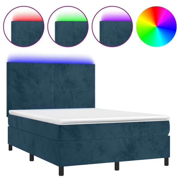 Ramsäng med madrass & LED mörkblå 140x190 cm sammet