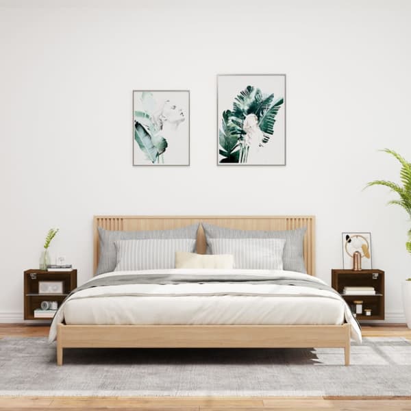 Väggmonterade sängbord med LED-lampor 2 st brun ek