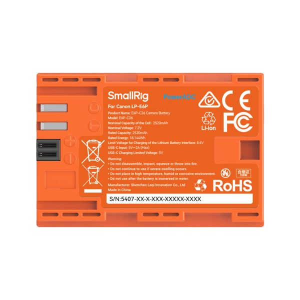 SmallRig 5407 Camera Battery USB-C Rechargable Canon LP-E6P Orange