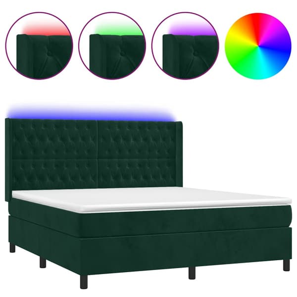 Ramsäng med madrass & LED mörkgrön 160x200 cm sammet