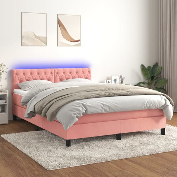 Ramsäng med madrass & LED rosa 140x200 cm sammet