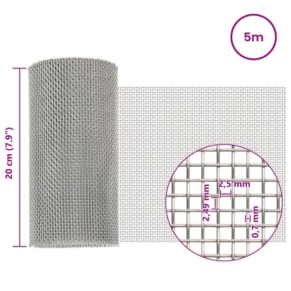 Nätduk 20 x 500 cm 8 Mesh Rostfritt stål 201 Silver
