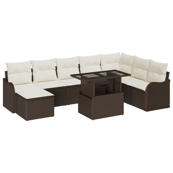 Trädgårdsoffset med kudde 9 pcs Brun Poly rattan