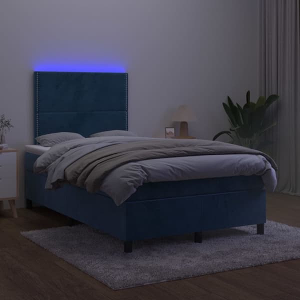 Ramsäng med madrass & LED mörkblå 120x200 cm sammet