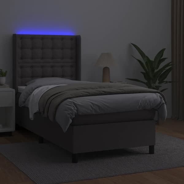 Ramsäng med madrass & LED grå 90x200 cm konstläder