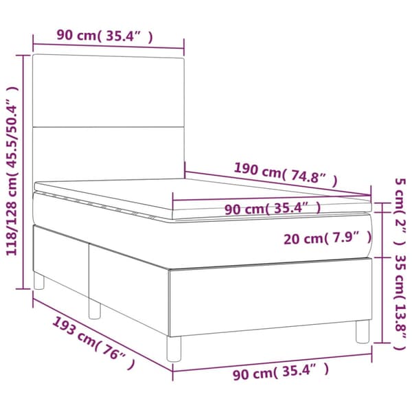 Ramsäng med madrass & LED mörkgrå 90x190 cm sammet