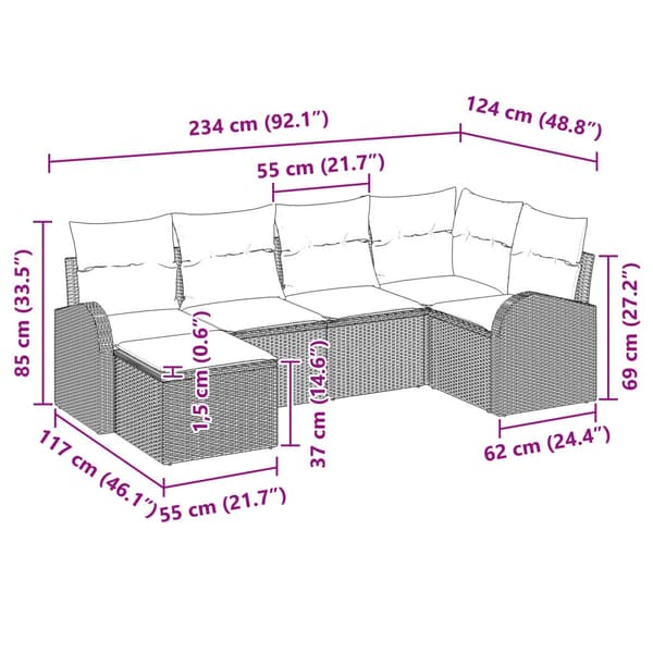 Trädgårdsoffset med kudde 6 pcs Brun Poly Rattan