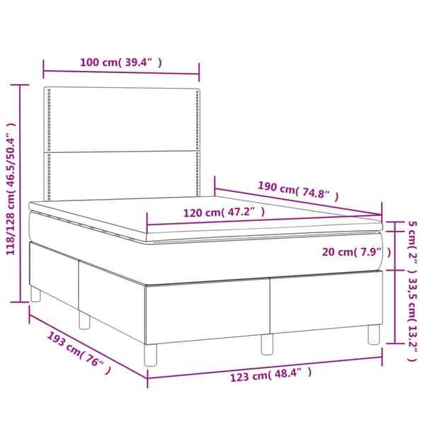 Ramsäng med madrass & LED mörkgrå 120x190 cm sammet