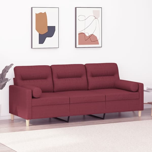 3-sitssoffa med prydnadskuddar vinröd 180 cm Tyg
