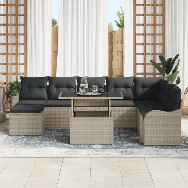 Trädgårdsoffset med kudde 9 pcs Ljusgrå Poly rattan