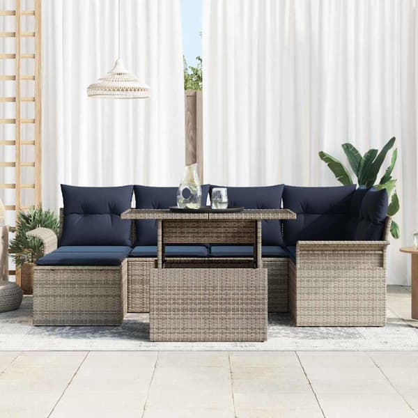 Trädgårdsoffset med kudde med lagring 7 pcs Grå Poly Rattan