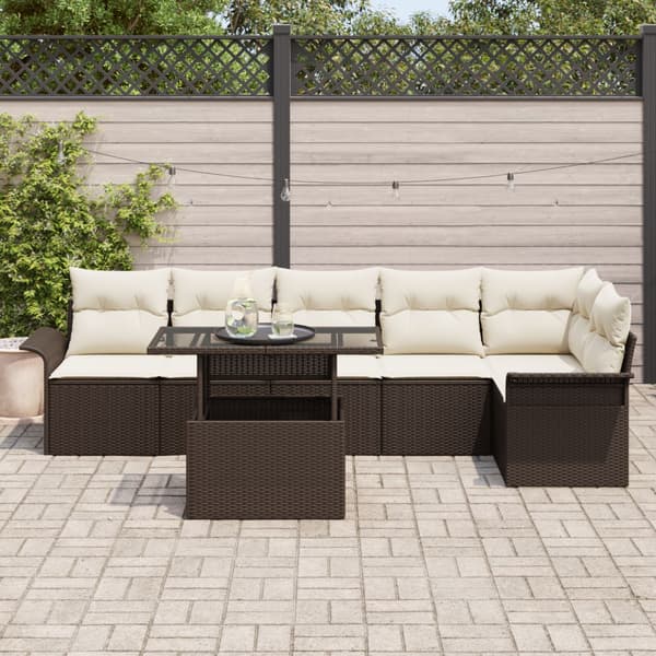 Trädgårdsoffset med kudde 7 pcs Brun Poly rattan