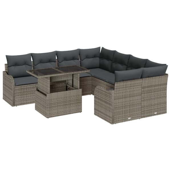 Trädgårdsoffset med kudde med kudde 9 pcs Grå Polyrattan