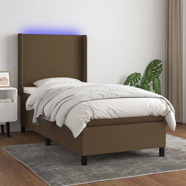 Ramsäng med madrass & LED mörkbrun 90x200 cm tyg