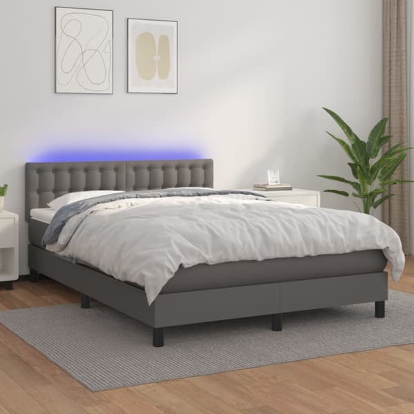 Ramsäng med madrass & LED grå 140x190 cm konstläder