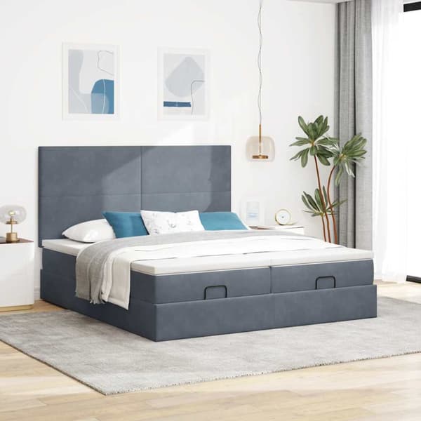 Ottoman sängram med madrasser mörkgrå 180x200 cm sammet