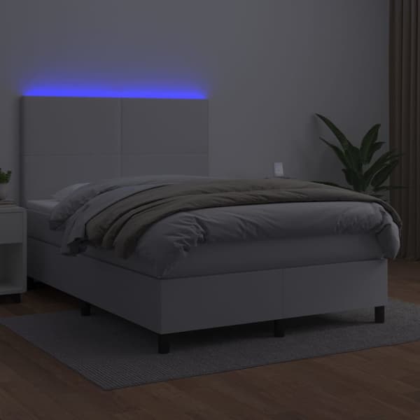 Ramsäng med madrass & LED vit 140x190 cm konstläder