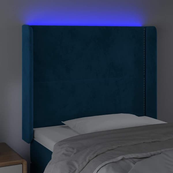 Sänggavel LED mörkblå 103x16x118/128 cm sammet