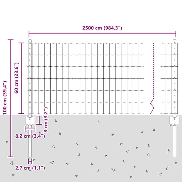 Stängsel med stolpe Silver 0,6 x 25 m Stål